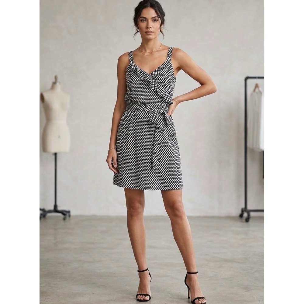 White House Black Market Womens Sleeveless Dot Print Dress Size M Black Ruffle